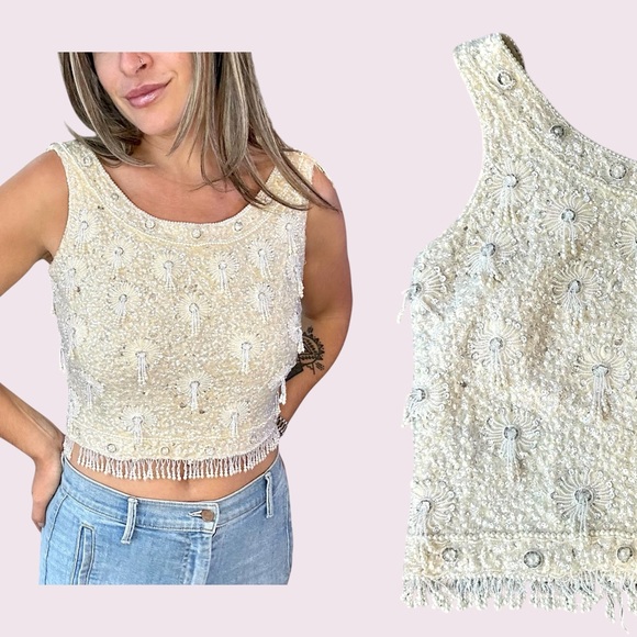 Vintage Tops - Vintage 60s Evening Top Beaded Sequin Ivory Sleeveless Fringe Medium